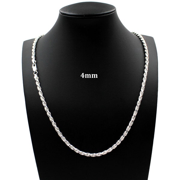 4MM Solid 925 Sterling Silver Italian DIAMOND CUT ROPE Chain Necklace Bracelet 7"-30" Mens Women, Made in Italy