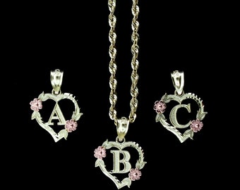 10K Solid Yellow Gold Heart Initial Letter Charm Pendant A-Z Alphabet • Rope Chain Necklace Set • A-Z Alphabet Flower Necklace Charm