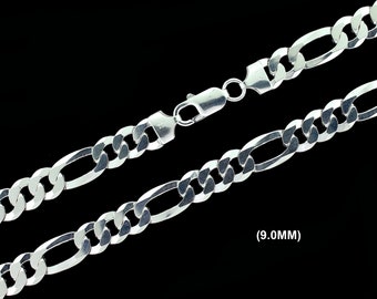 9MM Solid 925 Sterling Silver FIGARO CHAIN Necklace or Bracelet, Figaro Link Chain, Made in Italy, 20" 22" 24" 26" 28" 30" Inches, Heavy