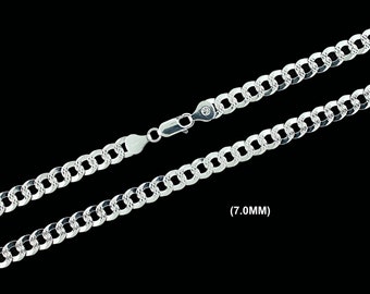 7MM Real SOLID 925 Sterling Silver Diamond Cut CURB CUBAN Link Chain Necklace Bracelet, Mens Women, Gift For Him & Her, Made in Italy