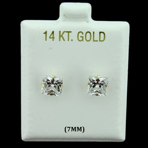 7MM Real 14K Gold Square CZ Stud Earrings, Gold Princess Cut CZ Cubic Zirconia Stud Earrings, Push Back, Mens Womens, Gift For Him or Her