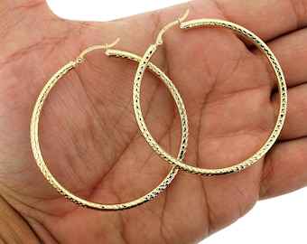 3mm X 60mm 2 1/2" Round Diamond Cut Shiny Hoop Earrings Real 10K Yellow Gold