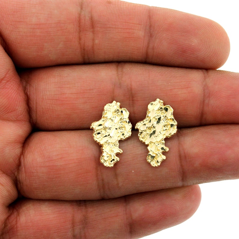 Men's Women's Kid's 10K Solid Yellow Gold Diamond Cut Nugget Stud Earrings 10K Gold Nugget Stud Earrings Valentine's Day Gift Large