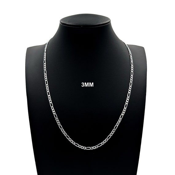 Genuine Italian 3mm Figaro Link Chain Necklace - Solid 925 Sterling Silver For Men