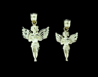 Real 10K Yellow Gold Diamond Cut Praying Angel Charm Pendant - 2 Sizes, Men Women, Christmas Gift