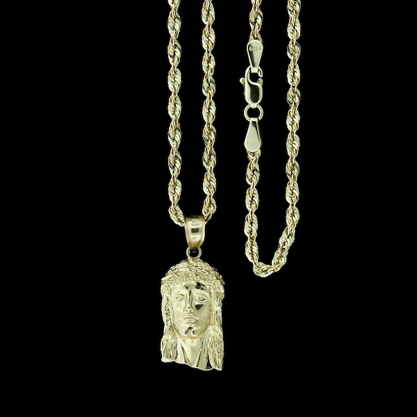 Real 10K Yellow Gold Jesus Head Face Pendant With 2.5mm Rope Chain Necklace, Gold Jesus Piece Charm Pendant, Mens Womens, Gift For Him & Her