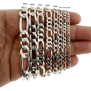 Real SOLID 925 Sterling Silver FIGARO Chain BRACELET, Italian Figaro Link Chain, 2.5MM-9MM, Mens Women, Gift For Him or Her, Made in Italy