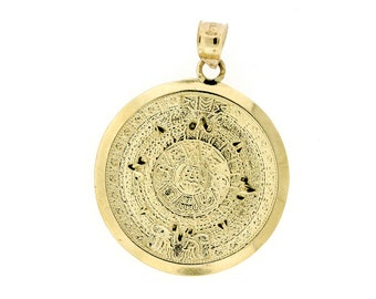 Real 10K Solid Yellow Gold Diamond Cut Aztec Mayan Sun Calendar Charm Pendant 1.25" • 10K Gold Mayan Sun Calendar Medallion • Gift