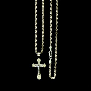 Real 10K Yellow Gold Jesus Cross Charm Pendant Diamond Cut & 2.5mm Rope Chain Necklace Set • Mens Cross Charm Pendant • Christmas Gift