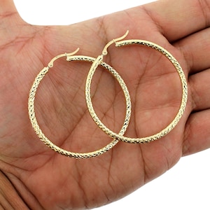 Real 10K Yellow Gold 3mm X 50mm 2&quot; Diamond Cut Shiny Plain Hoop Earrings •  Gold Hoops • 10K Gold Earrings • Hoop Earrings