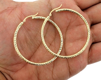 Real 10K Yellow Gold 3mm X 50mm 2" Diamond Cut Shiny Plain Hoop Earrings •  Gold Hoops • 10K Gold Earrings • Hoop Earrings