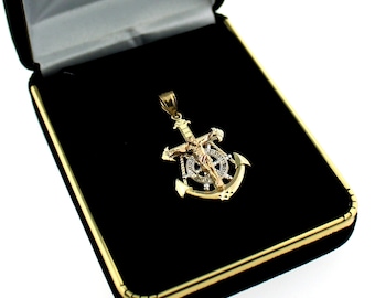 10K Yellow Gold Diamond Cut Jesus Crucifix Anchor Cross Pendant
