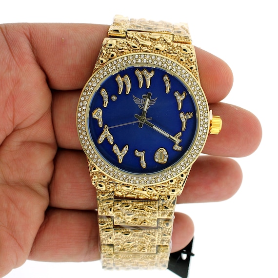 14K Gold Plated Nugget Watch Real Mens Iced CZ Hip Hop Blue Arabic Dial Hip Hop Jewelry Gift for Him Mens Wrist Watch Etsy