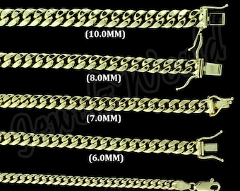 May include: Five gold curb chains of different widths, ranging from 5.0mm to 10.0mm. The chains are laid out horizontally, with the widest chain at the top and the narrowest chain at the bottom. Each chain has a clasp.