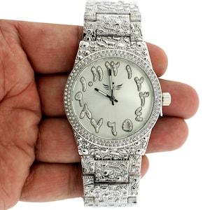 14K Gold Plated Nugget Watch Real Mens Silver Iced CZ Hip Hop Arabic Dial • Hip Hop Jewelry • Gift For Him • Mens Wrist Watch