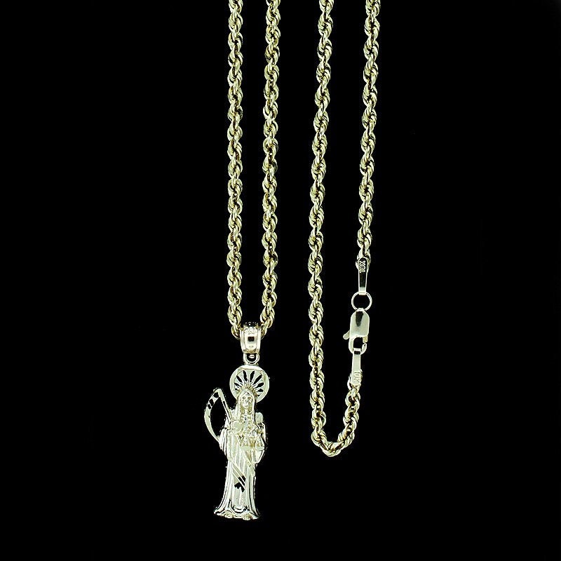10K Yellow Gold Santa Muerte Grim Reaper Holy Death Pendant & 2mm Rope Chain Necklace Set • Santa Muerte Charm Pendant • Gift