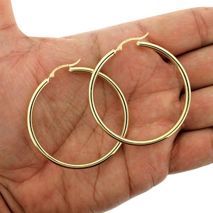 3mm X 50mm 2&quot; Plain Shiny Round Tube Hoop Earrings REAL 10K Solid Yellow Gold