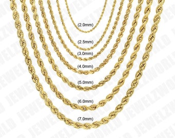 May include: A set of nine gold rope chains of varying thicknesses, ranging from 2.0mm to 7.0mm. Each chain is displayed against a white background.
