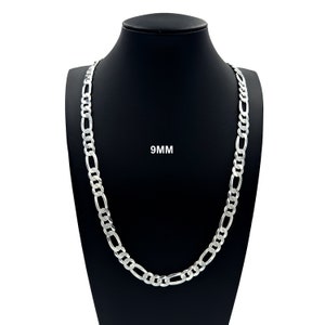 9MM Solid 925 Sterling Silver FIGARO CHAIN Necklace Bracelet, Italian Figaro Link Chain  7&quot;-30&quot; Mens Women, Made in Italy