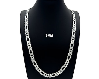 9MM Solid 925 Sterling Silver FIGARO CHAIN Necklace Bracelet, Italian Figaro Link Chain  7"-30" Mens Women, Made in Italy