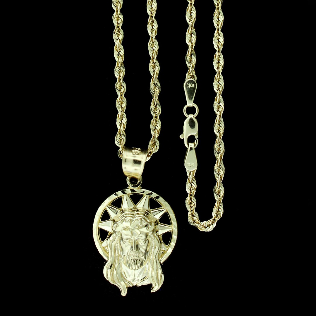 Yellow Jesus Chain Real 10K Yellow Gold Jesus Head Face Charm Pendant & 2.5mm Rope Chain ...