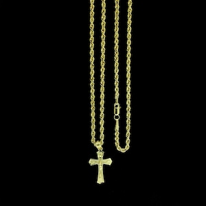 Real 10K Yellow Gold Jesus Cross Charm Pendant Diamond Cut With 2mm Rope Chain Necklace Set • Cross Charm Pendant • Christmas Gift