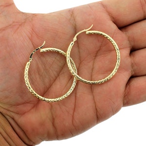 Real 10K Yellow Gold 3mm X 38mm 1.5&quot; Diamond Cut Shiny Plain Hoop Earrings •  Gold Hoops • 10K Gold Earrings • Hoop Earrings