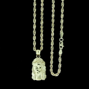 Real 10K Yellow Gold Jesus Face Charm Pendant With 2.5mm Rope Chain Necklace, Jesus Head Pendant Charm, Diamond Cut Jesus Piece, Mens Womens