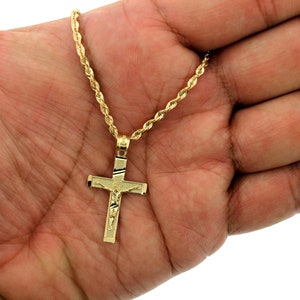 Real 10K Yellow Gold Cross Pendant Diamond Cut With 2.5mm Rope Chain Necklace, Jesus Crucifix Charm, Mens Womens, Gift For Him & Her