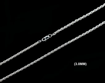 3MM Solid 925 Sterling Silver ROPE CHAIN Bracelet or Necklace, Italian, Diamond Cut, Made in Italy, 16" 18" 20" 22" 24" 26" 28" 30" Inches