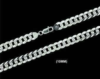 10MM Real SOLID 925 Sterling Silver Diamond Cut CURB CUBAN Link Chain Necklace Bracelet, Mens Women, Gift For Him & Her, Made in Italy