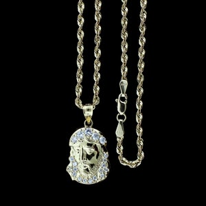 Real 10K Yellow Gold Jesus Head Face CZ Charm Pendant & 2.5mm Rope Chain Necklace Set • 10K Gold Jesus Piece Charm Pendant • Christmas Gift