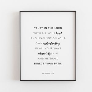 Proverbs 3:5-6 Print, Trust In The Lord With All Your Heart, Minimal Bible Verse Printable, Modern Christian Wall Art