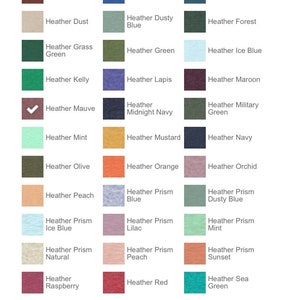 May include: A color chart showing 36 different shades of heather and solid colors. The colors are arranged in three columns, with each column representing a different color family. The color families are: Heather, Solid, and Heather Prism.