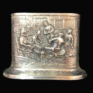 Vintage Danish Silverplate Match Holder – Repoussé Pub Scene