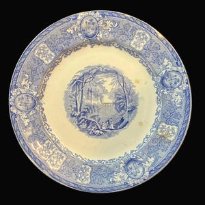 Antique E. Challinor Panama Dinner Plate – 1850s Ironstone – Blue & White Transferware