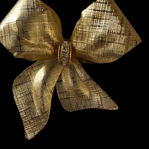 Vintage Gold Tone Bow Brooch with Rhinestone Center - 2.5 Inches