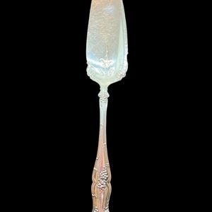 May include: A silver cake server with an ornate design featuring grapes and leaves. The server has a pointed blade and a long, slender handle.
