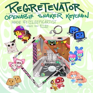 May include: An illustration featuring the text "REGRETEVATOR" and "OPENABLE SHAKER KEYCHAIN". The image includes various cartoon character keychains, a central building design, and the text "MADE BY @LEEPICARTIST ONLY ON ETSY".