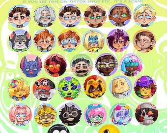 May include: A collection of 1.75-inch plush pins featuring various cartoon character designs. The pins are round with colorful backgrounds and illustrations of faces, animals, and other figures. Text on the pins includes "Created by Leepicartist only on Etsy".