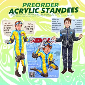 Könnte beinhalten: Acryl-Standees zum Vorbestellen, mit drei illustrierten Charakteren. Eine Figur trägt einen gelb-blauen Neoprenanzug, eine andere einen grauen Anzug, und die dritte kniet im Neoprenanzug. Text enthält "PREORDER ACRYLIC STANDEES" und "Created by Leepicartist only on Etsy."