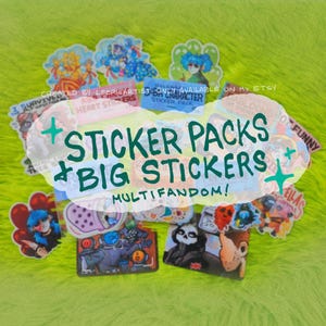 May include: A collection of colorful stickers featuring various characters and designs. The stickers are arranged on a green fuzzy surface. The text "Sticker Packs + Big Stickers Multifandom!" is written in green and white on a white background.