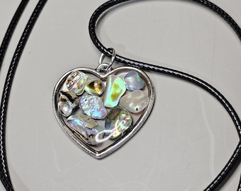 Abalone Shell Necklace | UV Resin Heart Pendant | Pearlescent Jewelry