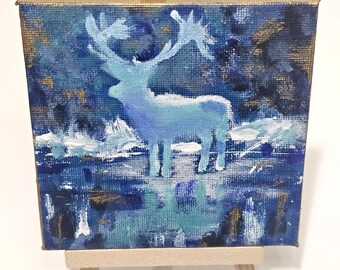 Original Winter Deer Acrylic Painting | Blue Abstract Art (4"×4")