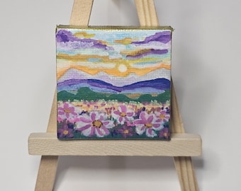 Original Mini Landscape Painting | Floral Mountain Art (2"x2")