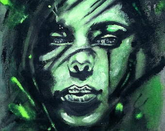 Abstract Portrait | Raw Canvas Art | Green and Black Abstract Painting