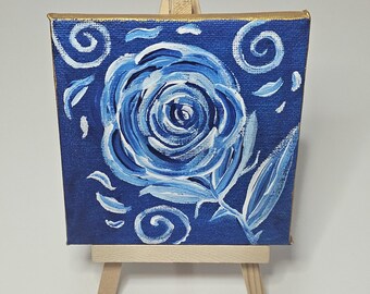 Blue and White Rose Painting | Porcelain Style Flower Art | Small Canvas Art (4"×4")