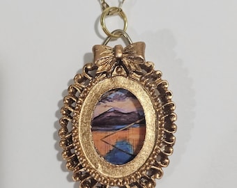 Mountainscape Art Print Necklace | Gold Resin Frame, Nature Lover Gift