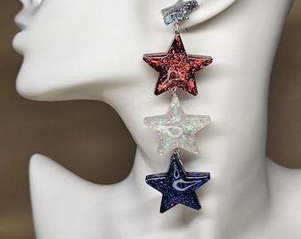 4th of July Earrings | Patriotic Star Earrings | Red, White, and Blue Earrings | USA Earrings | UV Resin Glitter Jewelry | Statement Piece
