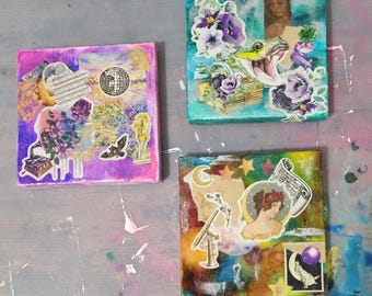 Mini Mixed Media Collage Art: Original Small Canvas Painting